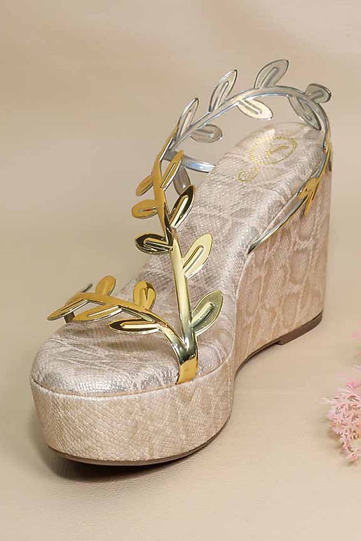 Gold Synthetic Leather Metallic Leafy Wedges by Sana K Luxurious Footwear at Pernia's Pop Up Shop