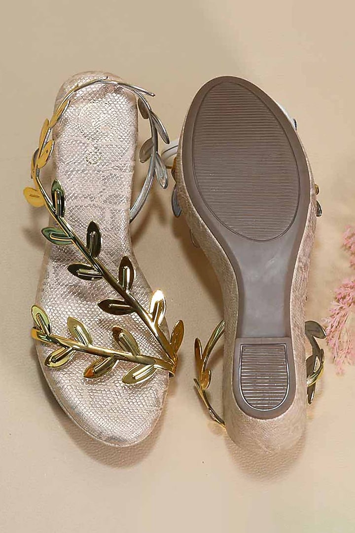 Gold Synthetic Leather Metallic Leafy Wedges by Sana K Luxurious Footwear at Pernia's Pop Up Shop