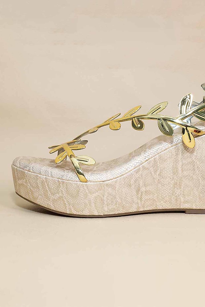 Gold Synthetic Leather Metallic Leafy Wedges by Sana K Luxurious Footwear at Pernia's Pop Up Shop