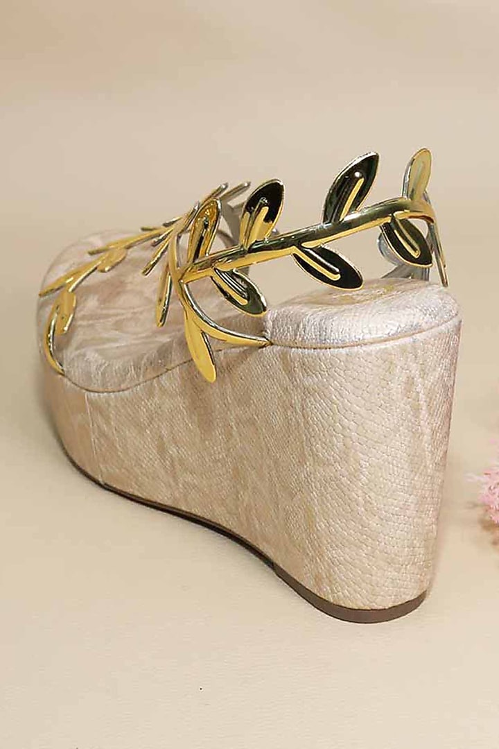 Gold Synthetic Leather Metallic Leafy Wedges by Sana K Luxurious Footwear at Pernia's Pop Up Shop