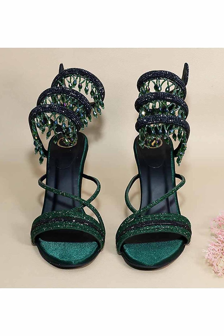 Green Synthetic Leather Heels by Sana K Luxurious Footwear at Pernia's Pop Up Shop