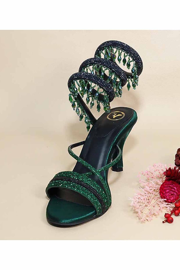 Green Synthetic Leather Heels by Sana K Luxurious Footwear at Pernia's Pop Up Shop
