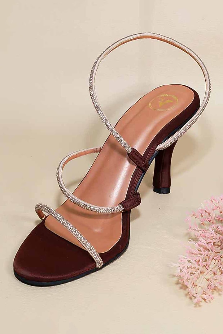Berry Rose Brown Synthetic Leather Embellished Heels by Sana K Luxurious Footwear at Pernia's Pop Up Shop