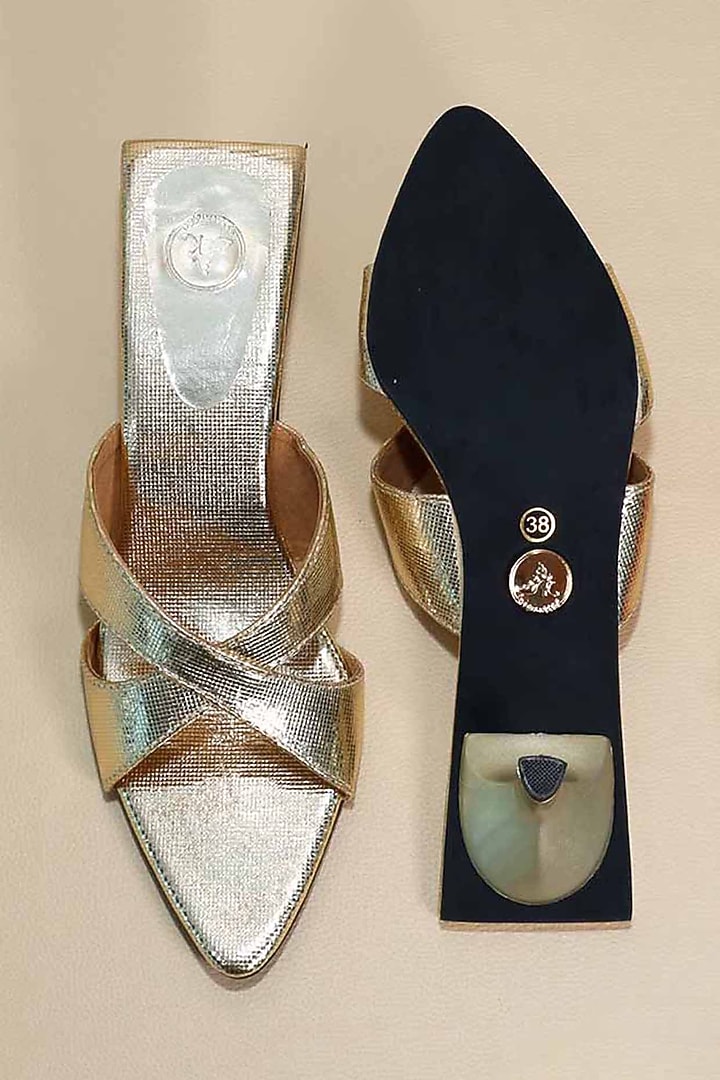 Gold Synthetic Leather Heels by Sana K Luxurious Footwear at Pernia's Pop Up Shop