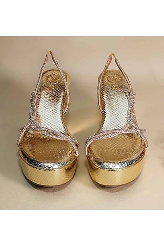 Gold Synthetic Leather Embellished Wedges by Sana K Luxurious Footwear