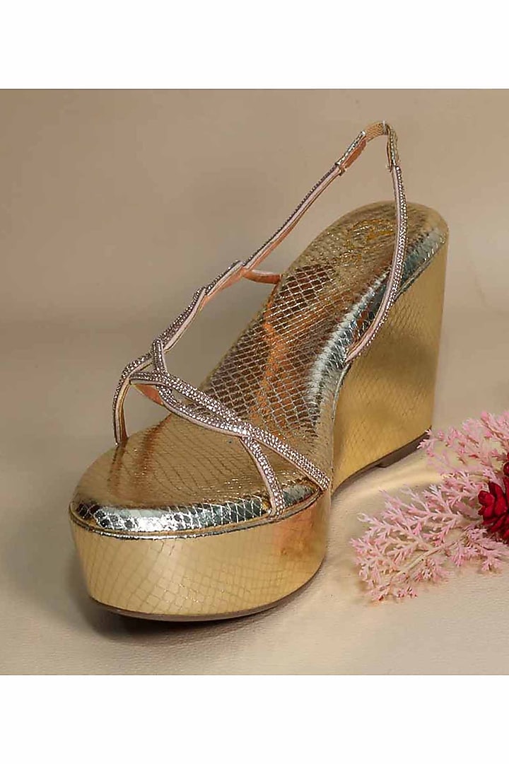 Gold Synthetic Leather Embellished Wedges by Sana K Luxurious Footwear at Pernia's Pop Up Shop