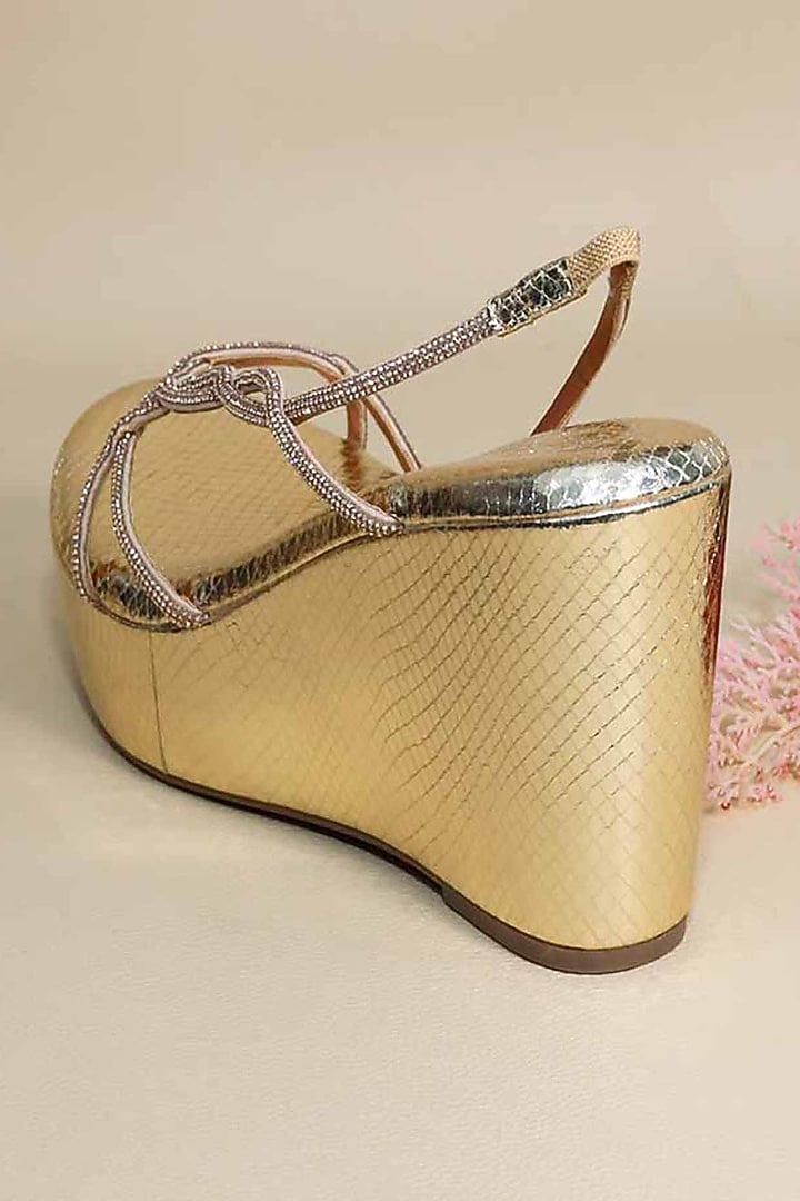 Gold Synthetic Leather Embellished Wedges by Sana K Luxurious Footwear at Pernia's Pop Up Shop