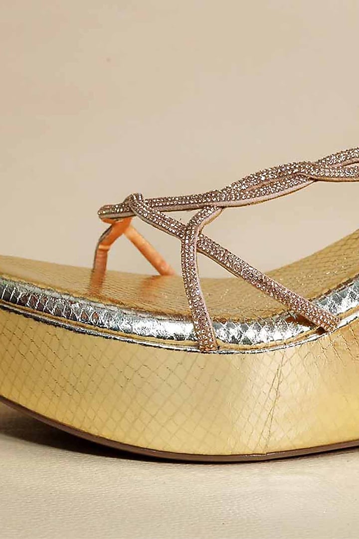 Gold Synthetic Leather Embellished Wedges by Sana K Luxurious Footwear at Pernia's Pop Up Shop