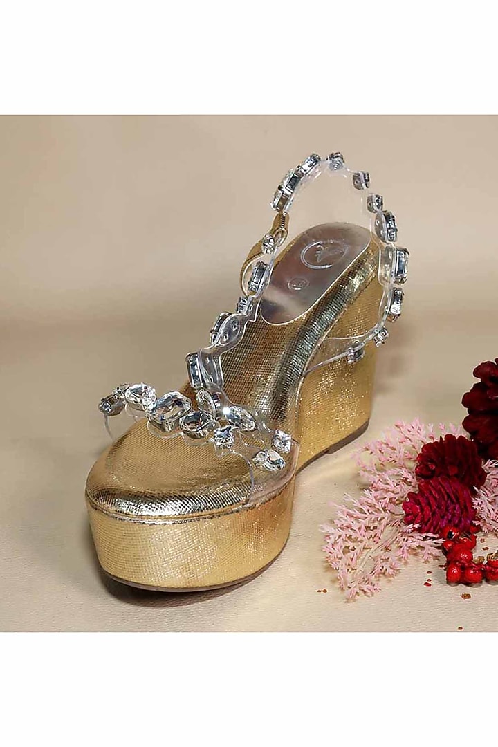 Silver Synthetic Leather Embellished Wedges by Sana K Luxurious Footwear at Pernia's Pop Up Shop