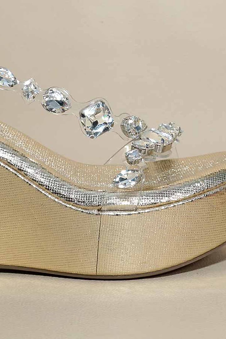 Silver Synthetic Leather Embellished Wedges by Sana K Luxurious Footwear at Pernia's Pop Up Shop