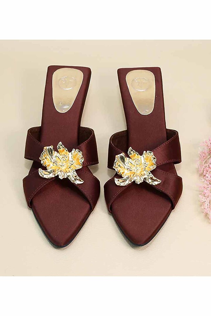Brown Synthetic Leather Floral Embellished Heels by Sana K Luxurious Footwear at Pernia's Pop Up Shop