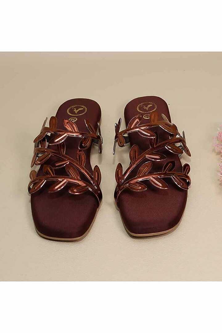 Brown Synthetic Leather Leafy Flats by Sana K Luxurious Footwear at Pernia's Pop Up Shop