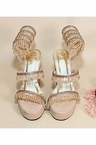 Gold Synthetic Leather Embellished Heels by Sana K Luxurious Footwear