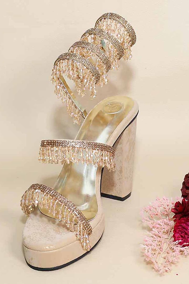 Gold Synthetic Leather Embellished Heels by Sana K Luxurious Footwear at Pernia's Pop Up Shop