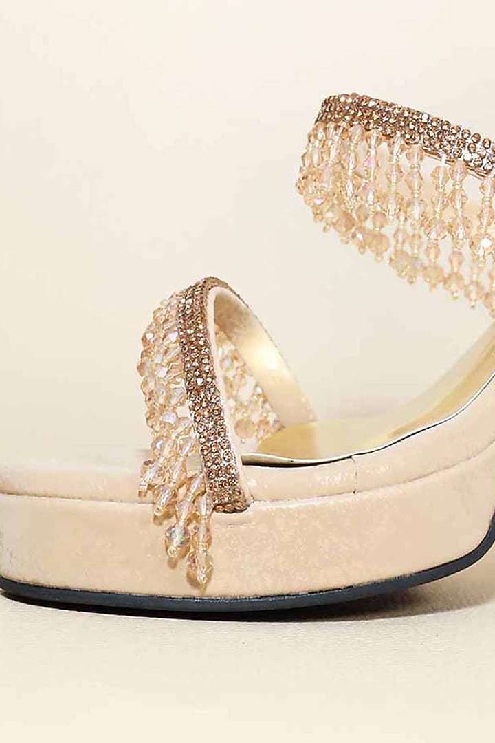 Gold Synthetic Leather Embellished Heels by Sana K Luxurious Footwear at Pernia's Pop Up Shop
