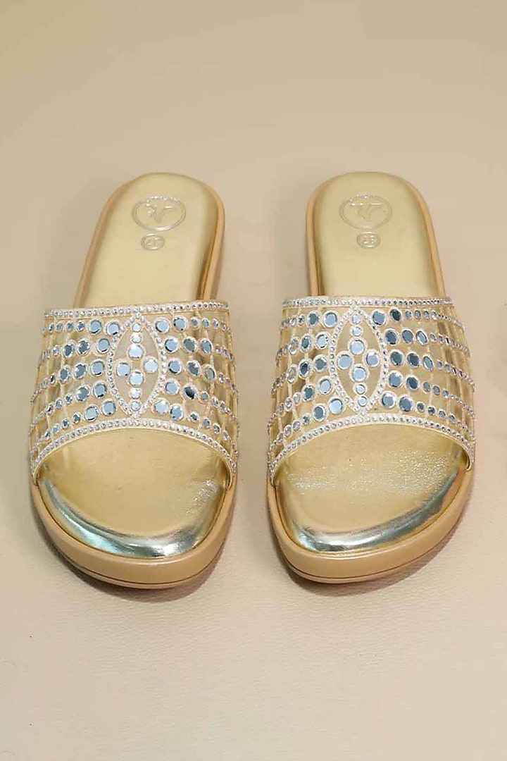 Gold Synthetic Leather Mirror Embellished Wedges by Sana K Luxurious Footwear at Pernia's Pop Up Shop