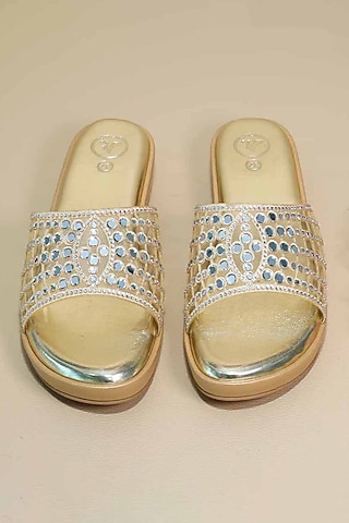 Gold Synthetic Leather Mirror Embellished Wedges by Sana K Luxurious Footwear