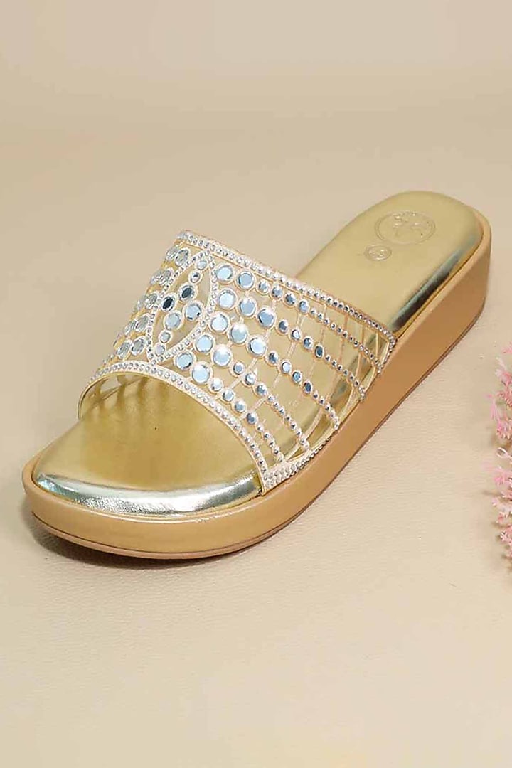 Gold Synthetic Leather Mirror Embellished Wedges by Sana K Luxurious Footwear at Pernia's Pop Up Shop