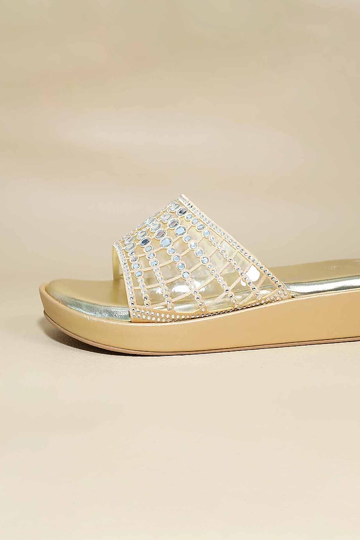 Gold Synthetic Leather Mirror Embellished Wedges by Sana K Luxurious Footwear at Pernia's Pop Up Shop