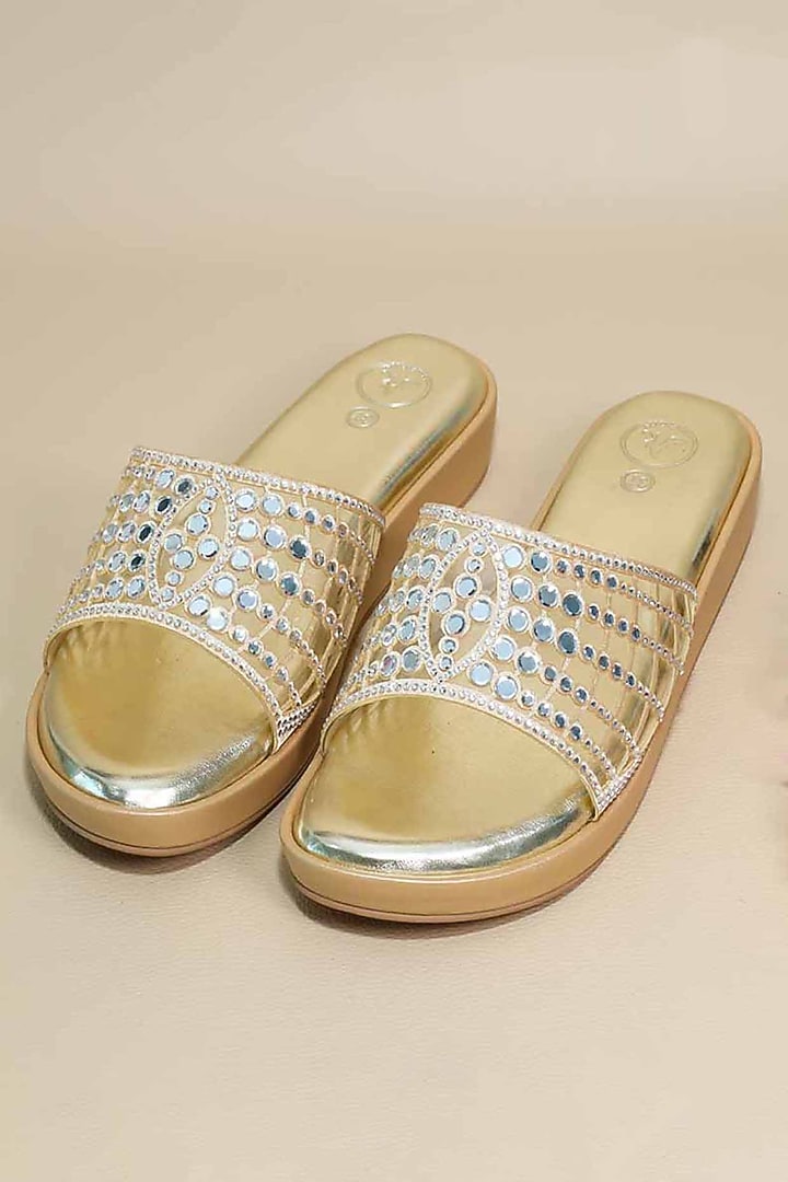 Gold Synthetic Leather Mirror Embellished Wedges by Sana K Luxurious Footwear at Pernia's Pop Up Shop