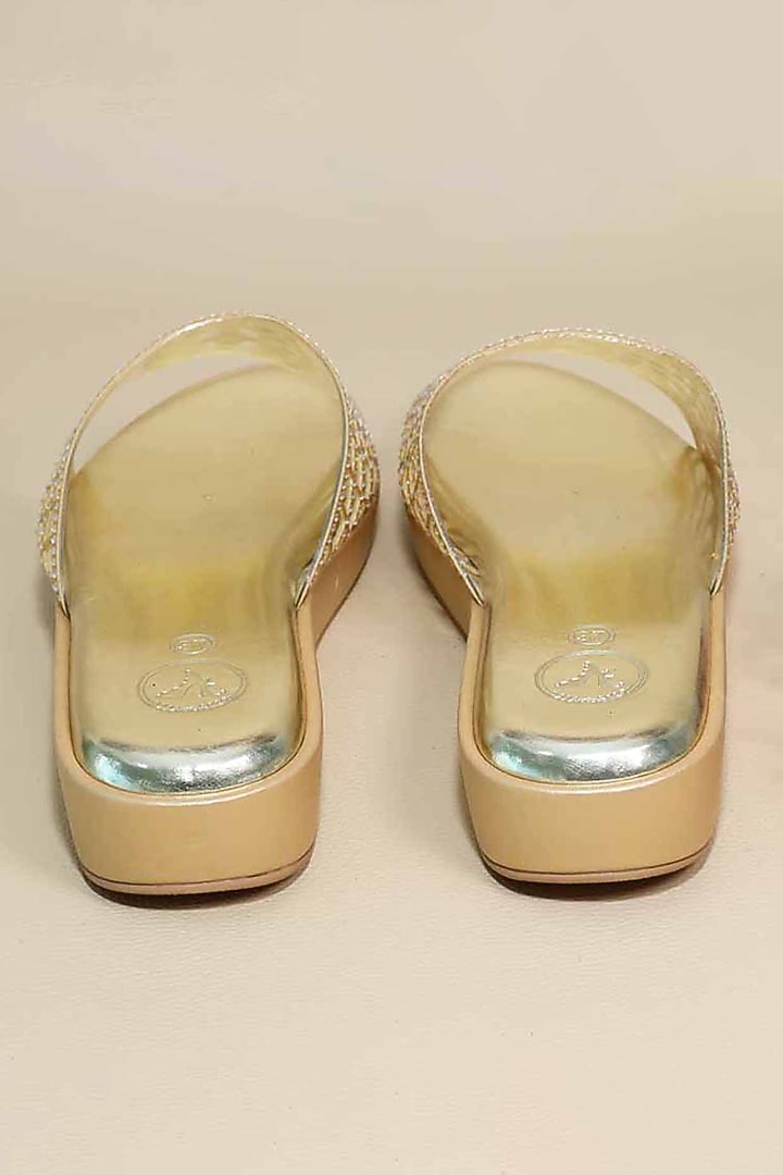 Gold Synthetic Leather Mirror Embellished Wedges by Sana K Luxurious Footwear at Pernia's Pop Up Shop