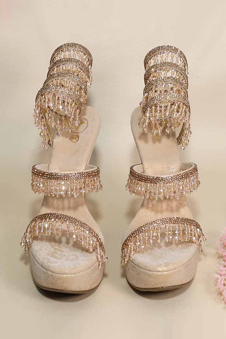 Gold Synthetic Leather Bead Embellished Heels by Sana K Luxurious Footwear at Pernia's Pop Up Shop