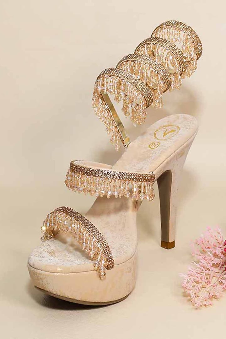 Gold Synthetic Leather Bead Embellished Heels by Sana K Luxurious Footwear at Pernia's Pop Up Shop
