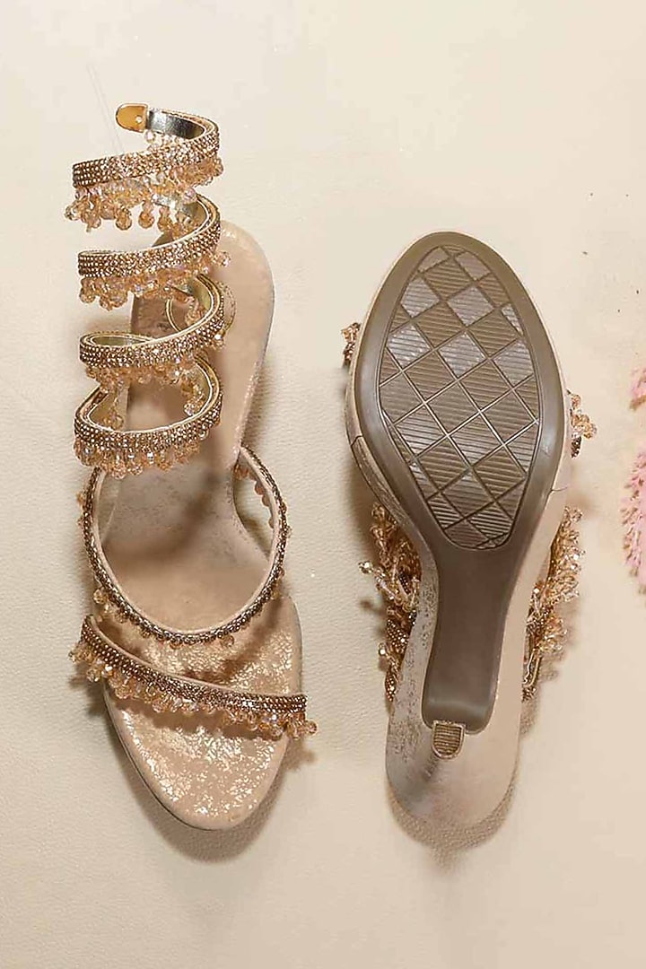 Gold Synthetic Leather Bead Embellished Heels by Sana K Luxurious Footwear at Pernia's Pop Up Shop