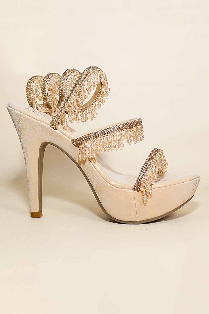 Gold Synthetic Leather Bead Embellished Heels by Sana K Luxurious Footwear at Pernia's Pop Up Shop