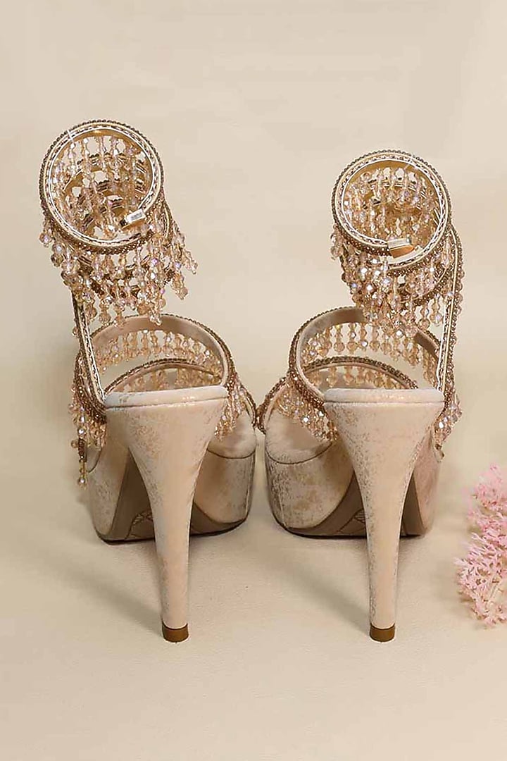 Gold Synthetic Leather Bead Embellished Heels by Sana K Luxurious Footwear at Pernia's Pop Up Shop
