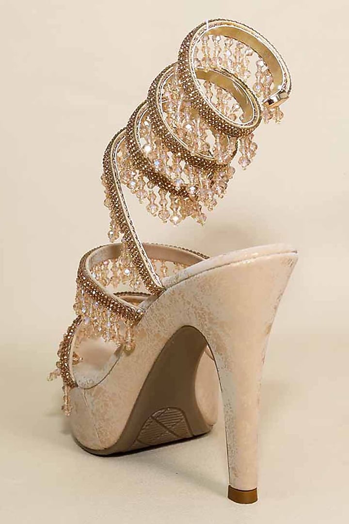 Gold Synthetic Leather Bead Embellished Heels by Sana K Luxurious Footwear at Pernia's Pop Up Shop