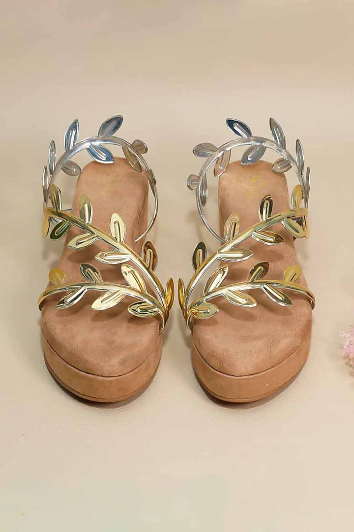 Gold Synthetic Leather Metallic Leafy Wedges by Sana K Luxurious Footwear at Pernia's Pop Up Shop