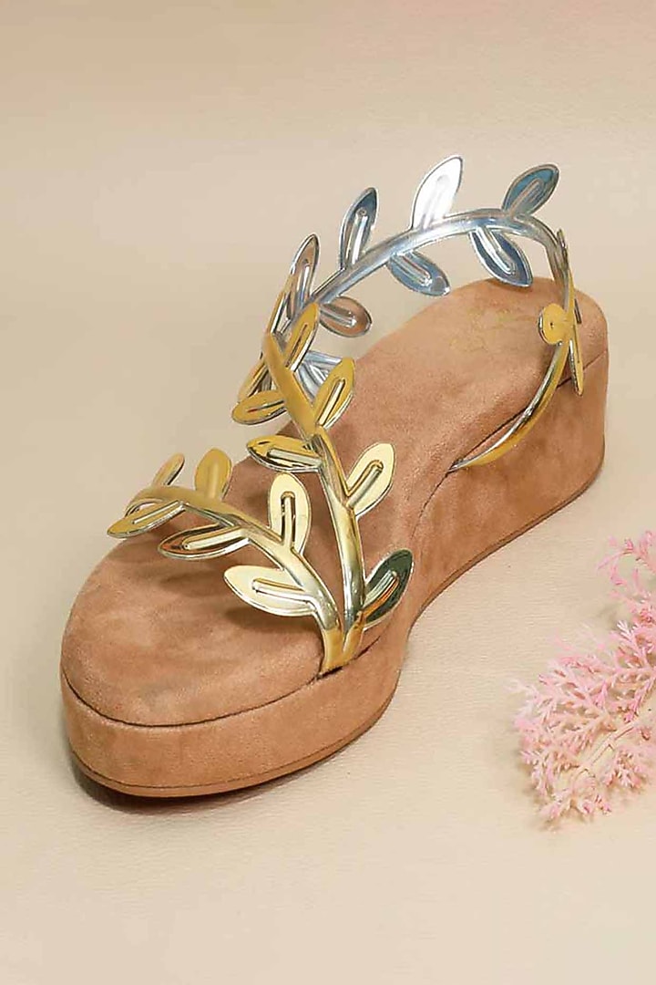 Gold Synthetic Leather Metallic Leafy Wedges by Sana K Luxurious Footwear at Pernia's Pop Up Shop