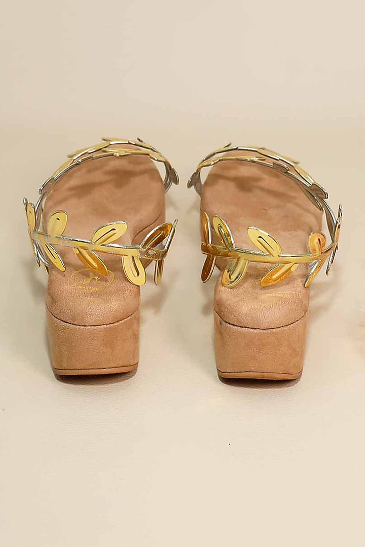 Gold Synthetic Leather Metallic Leafy Wedges by Sana K Luxurious Footwear at Pernia's Pop Up Shop