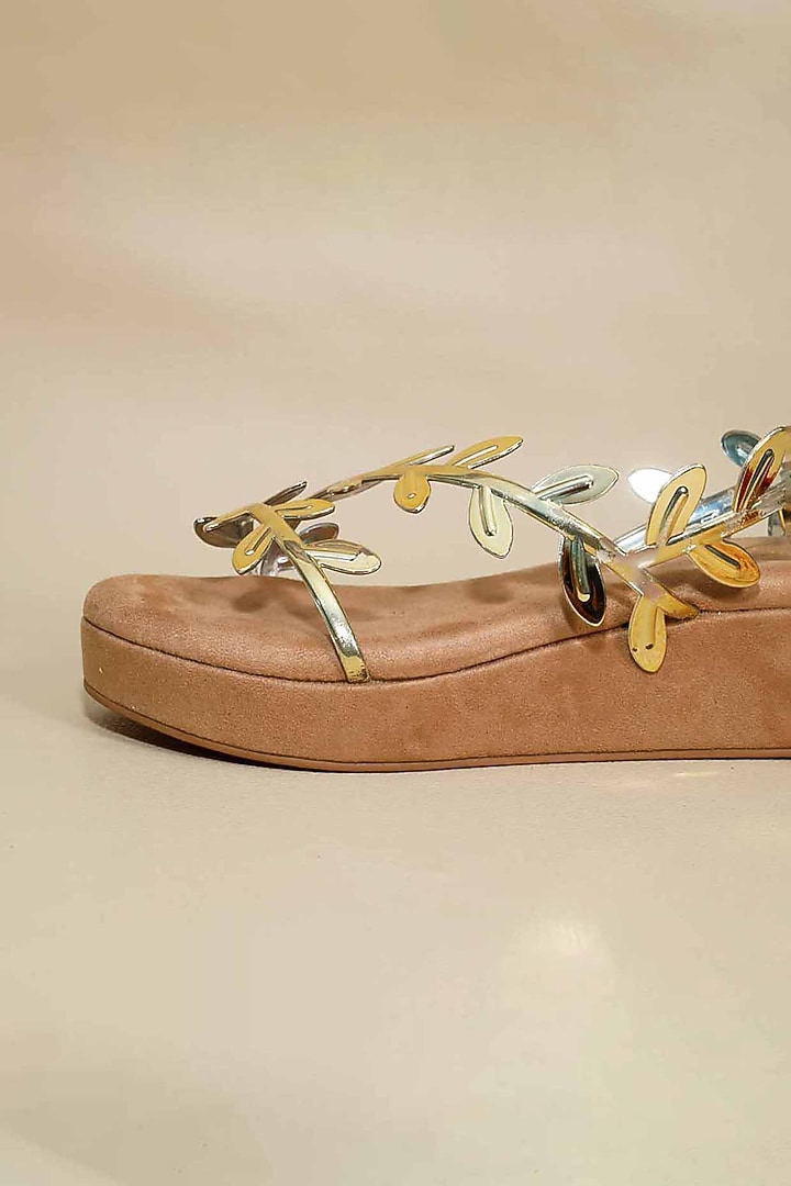 Gold Synthetic Leather Metallic Leafy Wedges by Sana K Luxurious Footwear at Pernia's Pop Up Shop