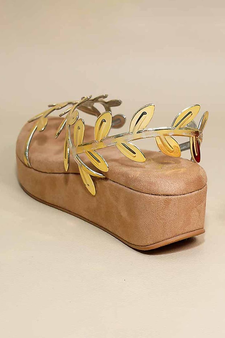 Gold Synthetic Leather Metallic Leafy Wedges by Sana K Luxurious Footwear at Pernia's Pop Up Shop