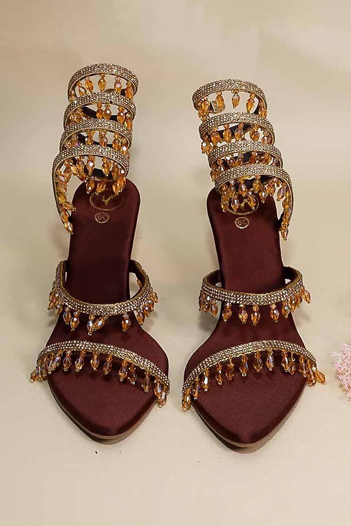 Brown Synthetic Leather Embellished Heels by Sana K Luxurious Footwear at Pernia's Pop Up Shop