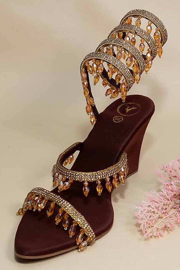 Brown Synthetic Leather Embellished Heels by Sana K Luxurious Footwear at Pernia's Pop Up Shop