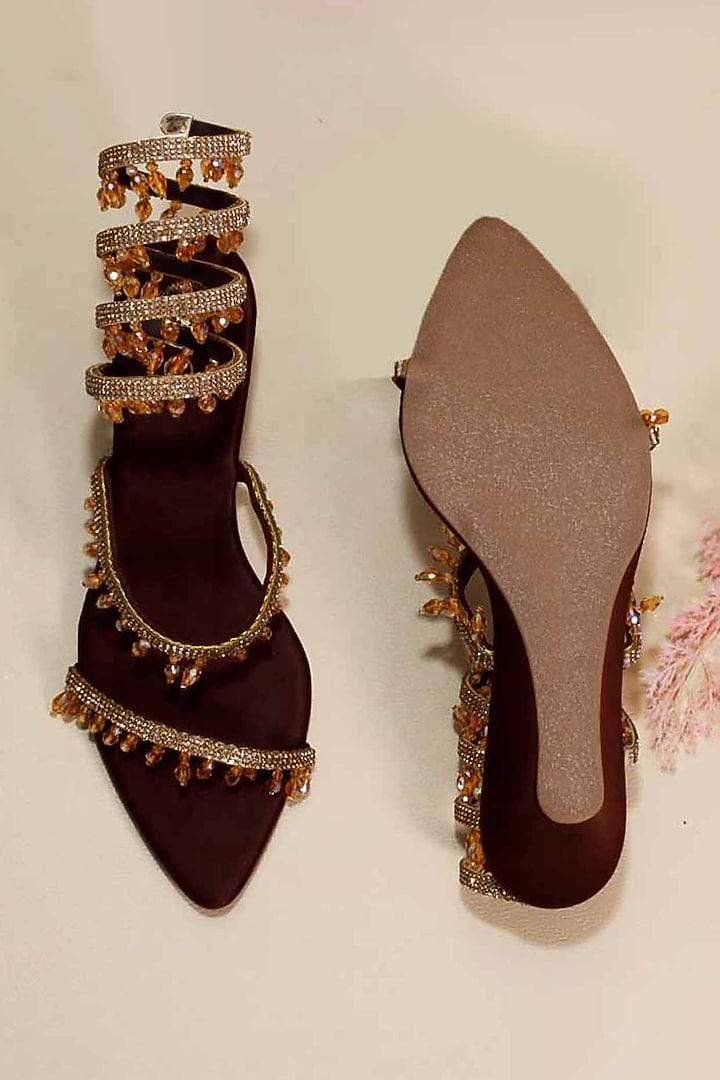 Brown Synthetic Leather Embellished Heels by Sana K Luxurious Footwear at Pernia's Pop Up Shop