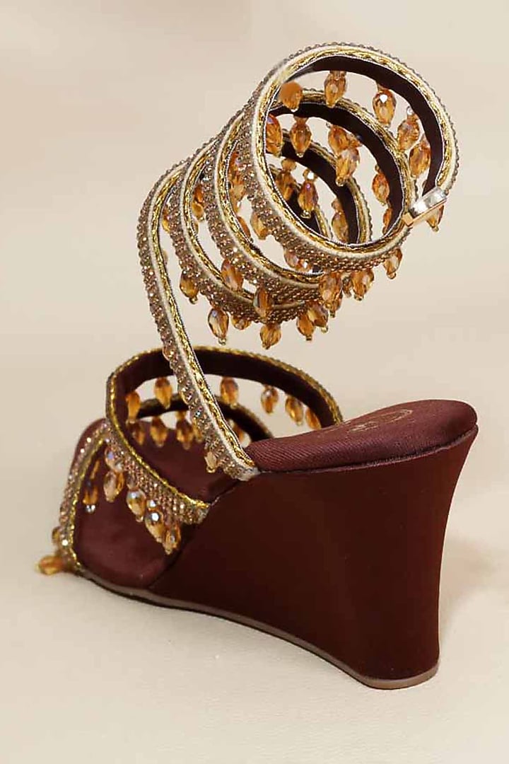 Brown Synthetic Leather Embellished Heels by Sana K Luxurious Footwear at Pernia's Pop Up Shop