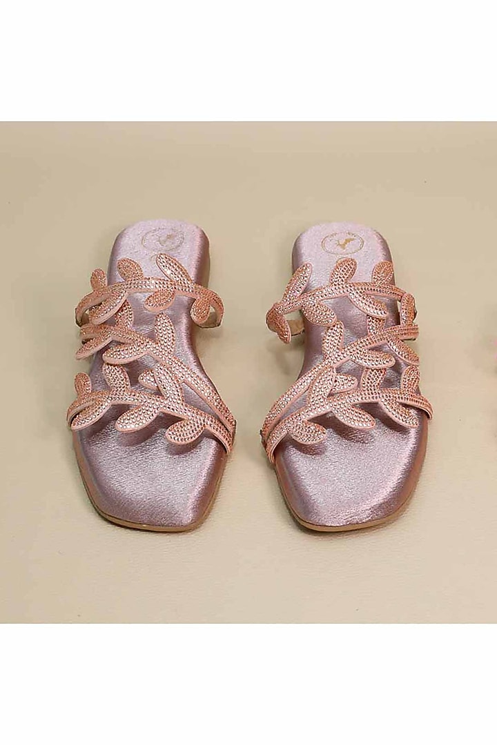 Pink Synthetic Leather Metallic Leafy Embellished Flats by Sana K Luxurious Footwear at Pernia's Pop Up Shop