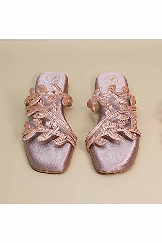 Pink Synthetic Leather Metallic Leafy Embellished Flats by Sana K Luxurious Footwear