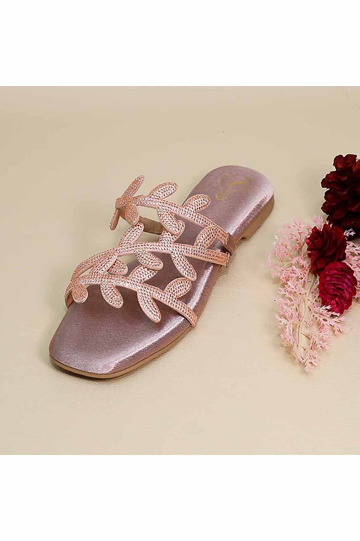 Pink Synthetic Leather Metallic Leafy Embellished Flats by Sana K Luxurious Footwear at Pernia's Pop Up Shop