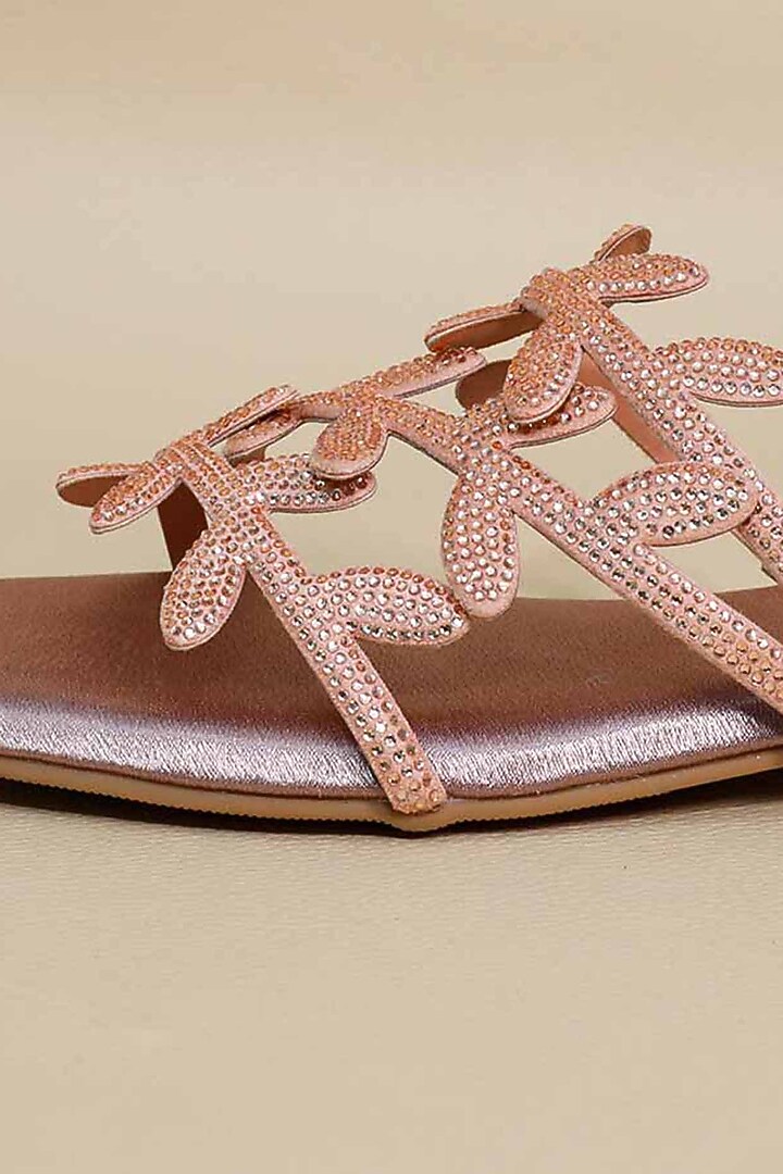 Pink Synthetic Leather Metallic Leafy Embellished Flats by Sana K Luxurious Footwear at Pernia's Pop Up Shop