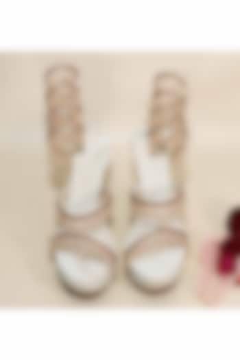 Beige Synthetic Leather Crystal Embellished Heels by Sana K Luxurious Footwear at Pernia's Pop Up Shop