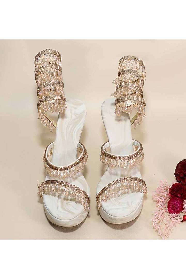 Beige Synthetic Leather Crystal Embellished Heels by Sana K Luxurious Footwear at Pernia's Pop Up Shop