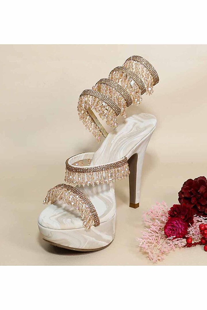 Beige Synthetic Leather Crystal Embellished Heels by Sana K Luxurious Footwear at Pernia's Pop Up Shop