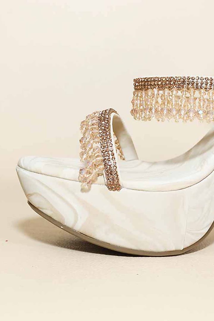 Beige Synthetic Leather Crystal Embellished Heels by Sana K Luxurious Footwear at Pernia's Pop Up Shop