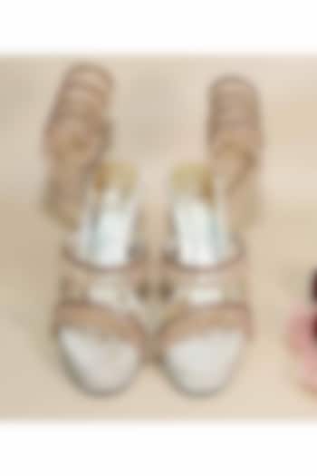 Beige Synthetic Leather Crystal Embellished Heels by Sana K Luxurious Footwear at Pernia's Pop Up Shop