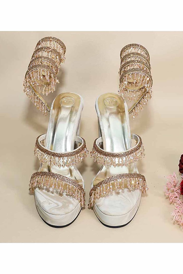 Beige Synthetic Leather Crystal Embellished Heels by Sana K Luxurious Footwear at Pernia's Pop Up Shop
